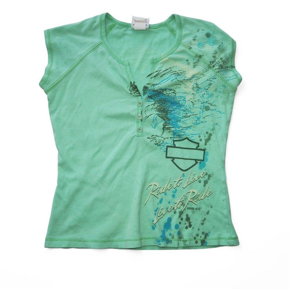 Harley Davidson Vintage Y2K Cap Sleeve Motorcycle Shirt Green Women's S